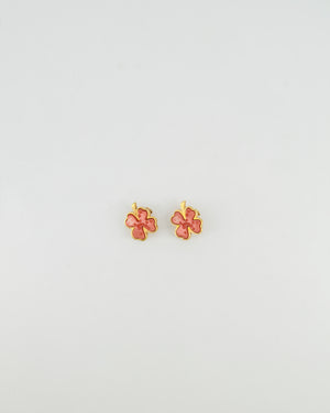 Chanel Vintage Brushed Gold and Pink Clover Clip On Earrings with CC Logo and Beads Details