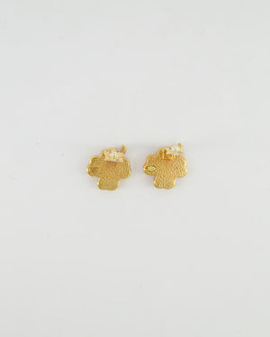 Chanel Vintage Brushed Gold and Pink Clover Clip On Earrings with CC Logo and Beads Details