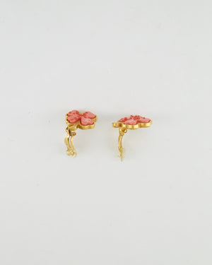 Chanel Vintage Brushed Gold and Pink Clover Clip On Earrings with CC Logo and Beads Details