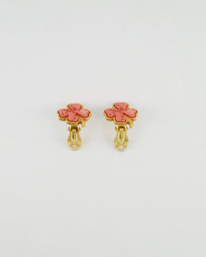 Chanel Vintage Brushed Gold and Pink Clover Clip On Earrings with CC Logo and Beads Details