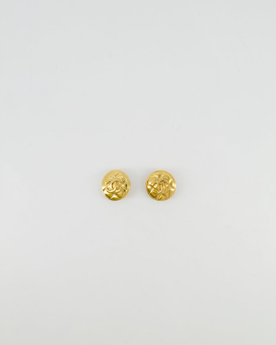 Chanel Vintage Polished Gold Round Clip On Earrings with Quilted Detail and CC Logo