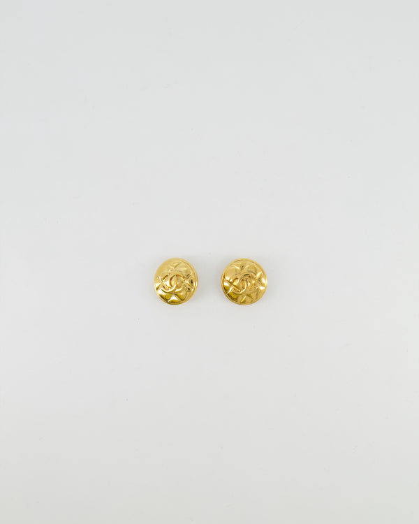 Chanel Vintage Polished Gold Round Clip On Earrings with Quilted Detail and CC Logo