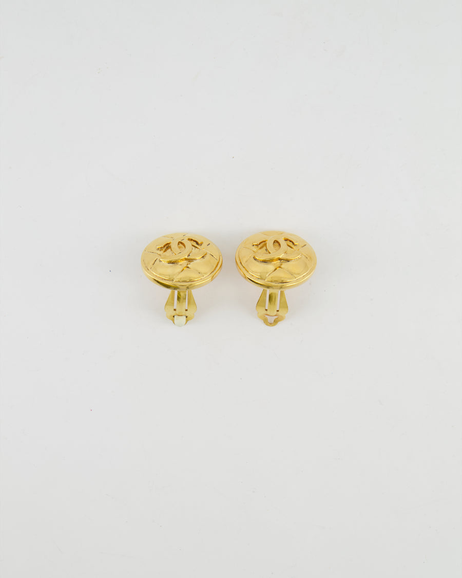 Chanel Vintage Polished Gold Round Clip On Earrings with Quilted Detail and CC Logo