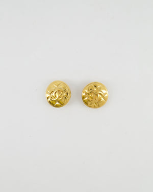 Chanel Vintage Polished Gold Round Clip On Earrings with Quilted Detail and CC Logo