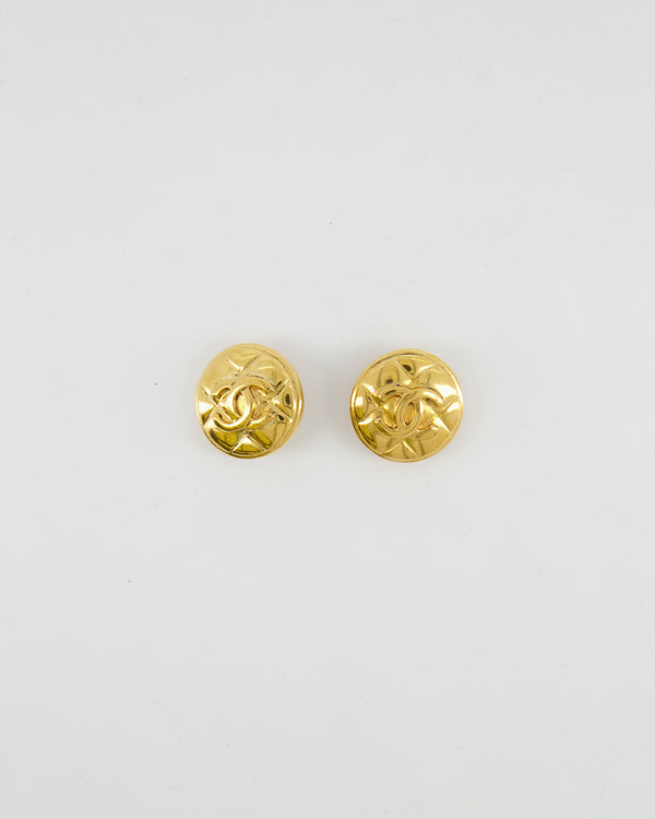 Chanel Vintage Polished Gold Round Clip On Earrings with Quilted Detail and CC Logo