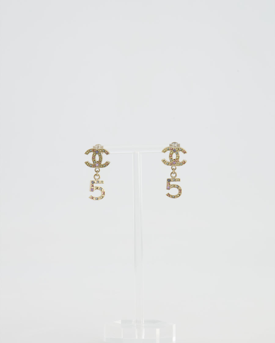Chanel Vintage 06A Gold and Multicolour Crystal Embellished Pendant Earrings with CC Logo and Number 5 Detail