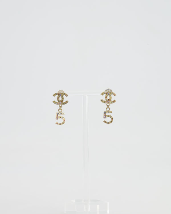 Chanel Vintage 06A Gold and Multicolour Crystal Embellished Pendant Earrings with CC Logo and Number 5 Detail