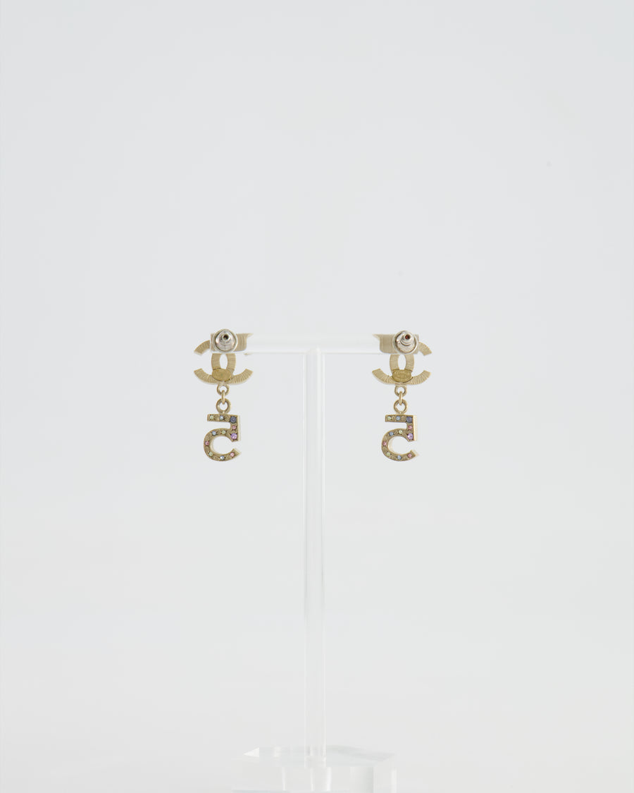 Chanel Vintage 06A Gold and Multicolour Crystal Embellished Pendant Earrings with CC Logo and Number 5 Detail