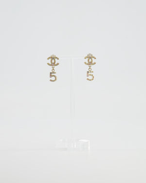 Chanel Vintage 06A Gold and Multicolour Crystal Embellished Pendant Earrings with CC Logo and Number 5 Detail