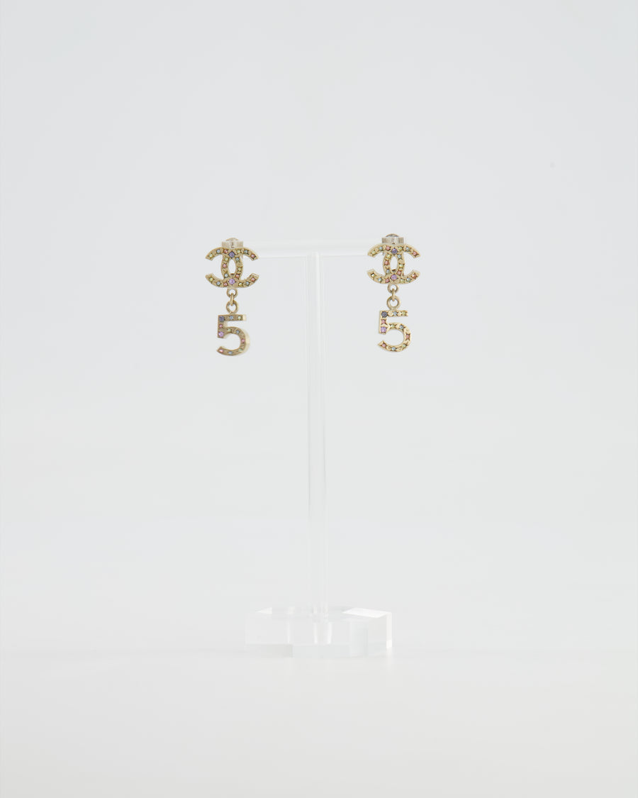 Chanel Vintage 06A Gold and Multicolour Crystal Embellished Pendant Earrings with CC Logo and Number 5 Detail