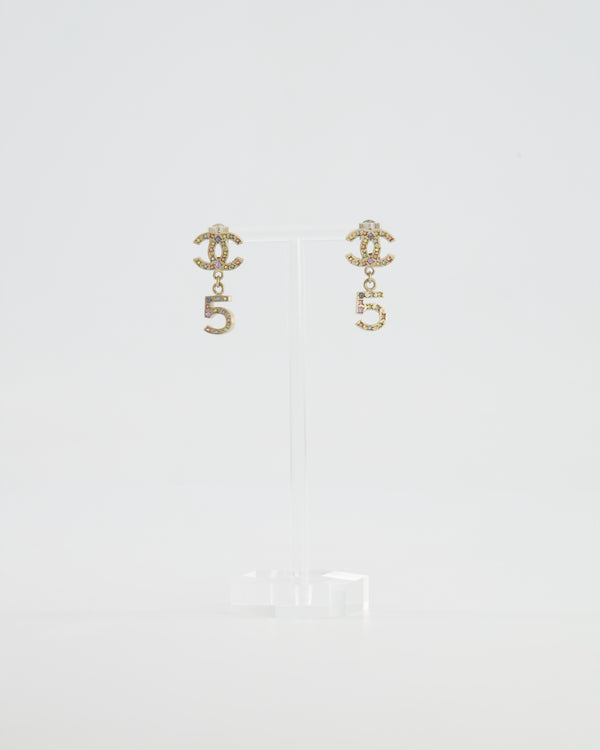 Chanel Vintage 06A Gold and Multicolour Crystal Embellished Pendant Earrings with CC Logo and Number 5 Detail