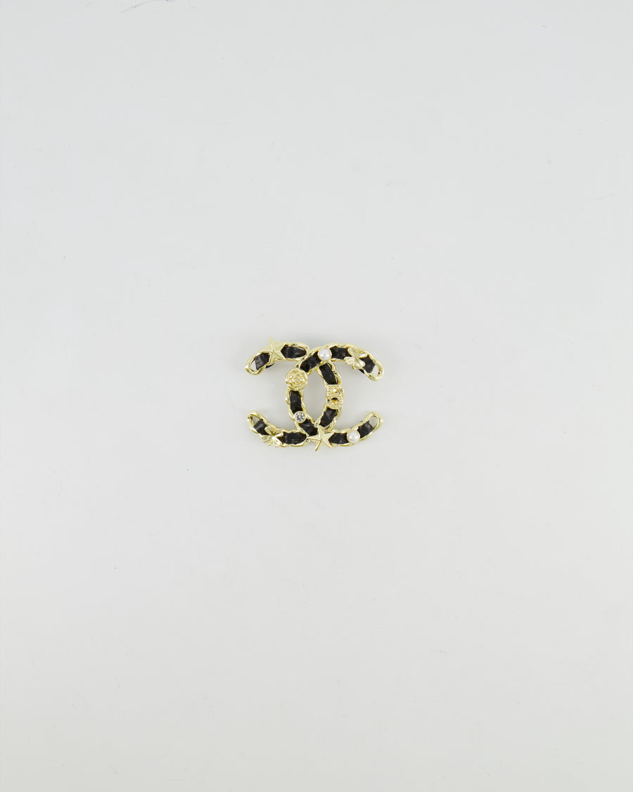 Chanel 25A Black Leather and Gold Chain CC Logo Brooch with Crystal and Pearl Details