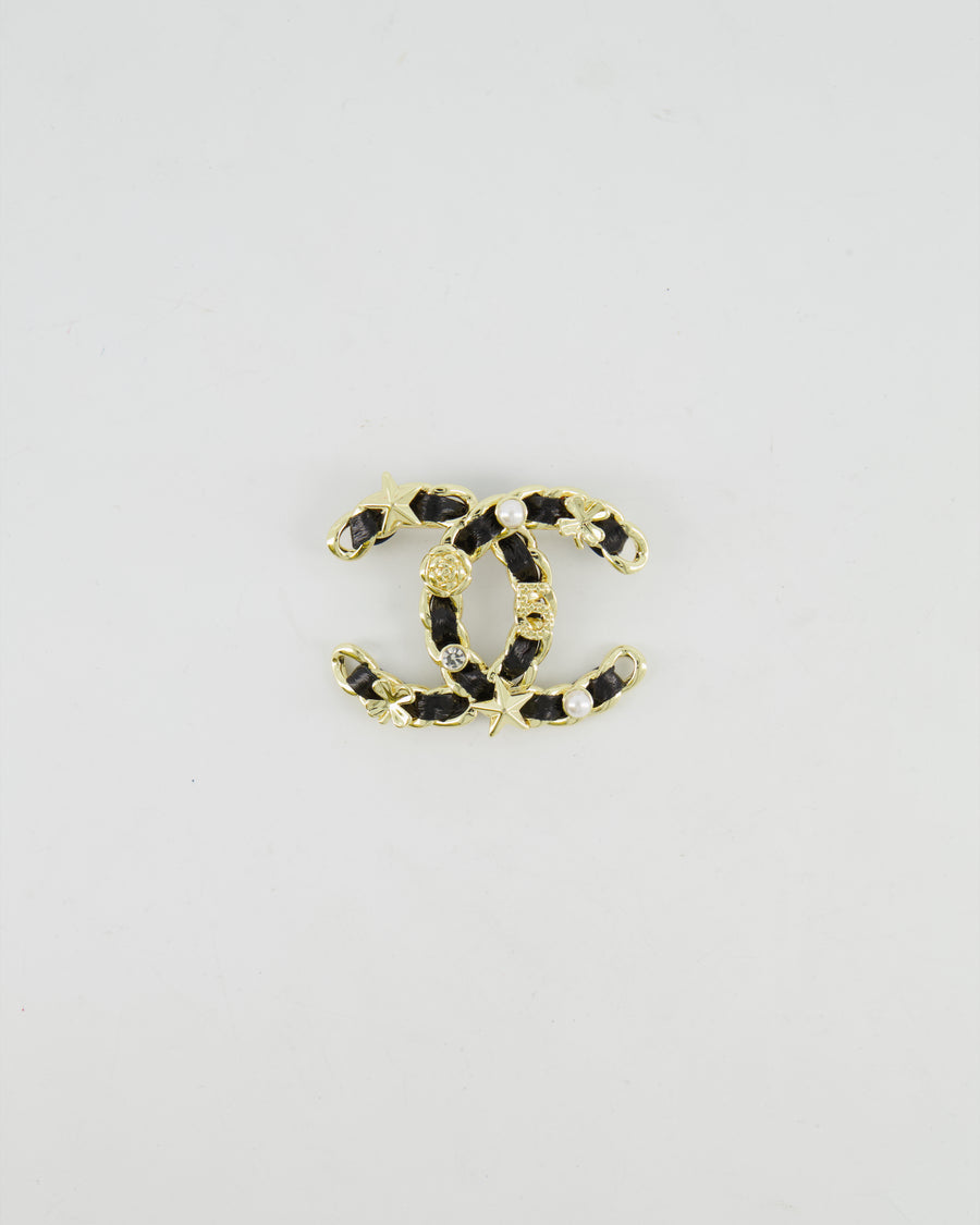 Chanel 25A Black Leather and Gold Chain CC Logo Brooch with Crystal and Pearl Details