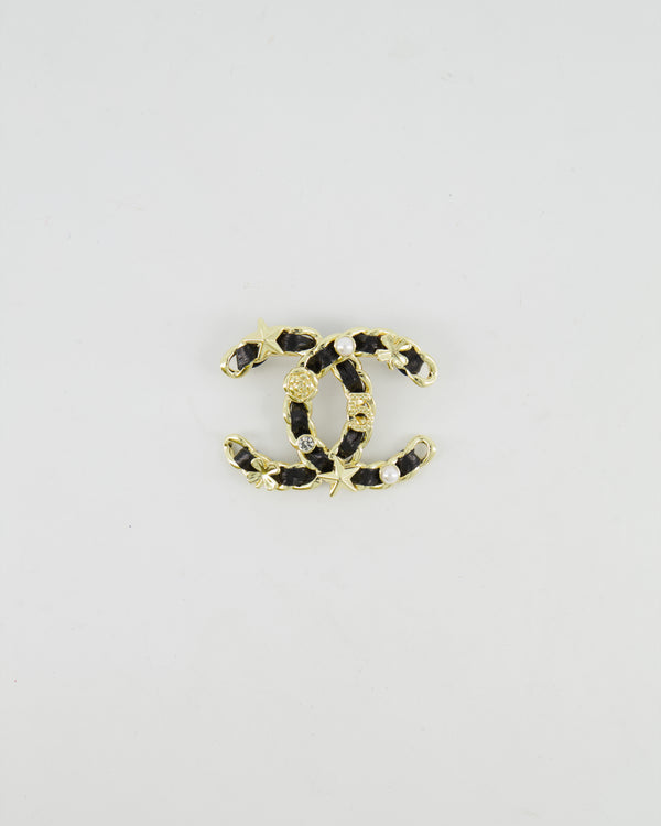Chanel 25A Black Leather and Gold Chain CC Logo Brooch with Crystal and Pearl Details