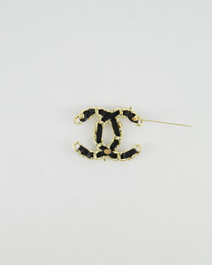 Chanel 25A Black Leather and Gold Chain CC Logo Brooch with Crystal and Pearl Details