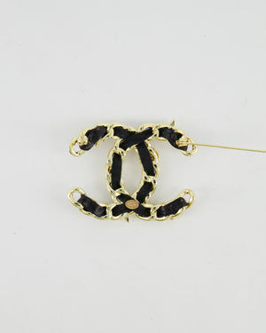 Chanel 25A Black Leather and Gold Chain CC Logo Brooch with Crystal and Pearl Details