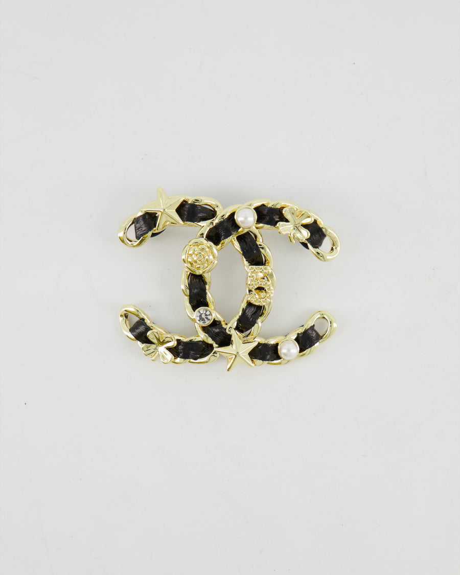 Chanel 25A Black Leather and Gold Chain CC Logo Brooch with Crystal and Pearl Details
