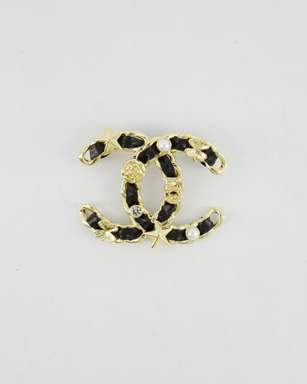 Chanel 25A Black Leather and Gold Chain CC Logo Brooch with Crystal and Pearl Details