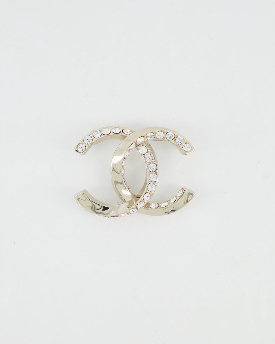 Chanel 24A Silver Crystal Embellished CC Logo Brooch