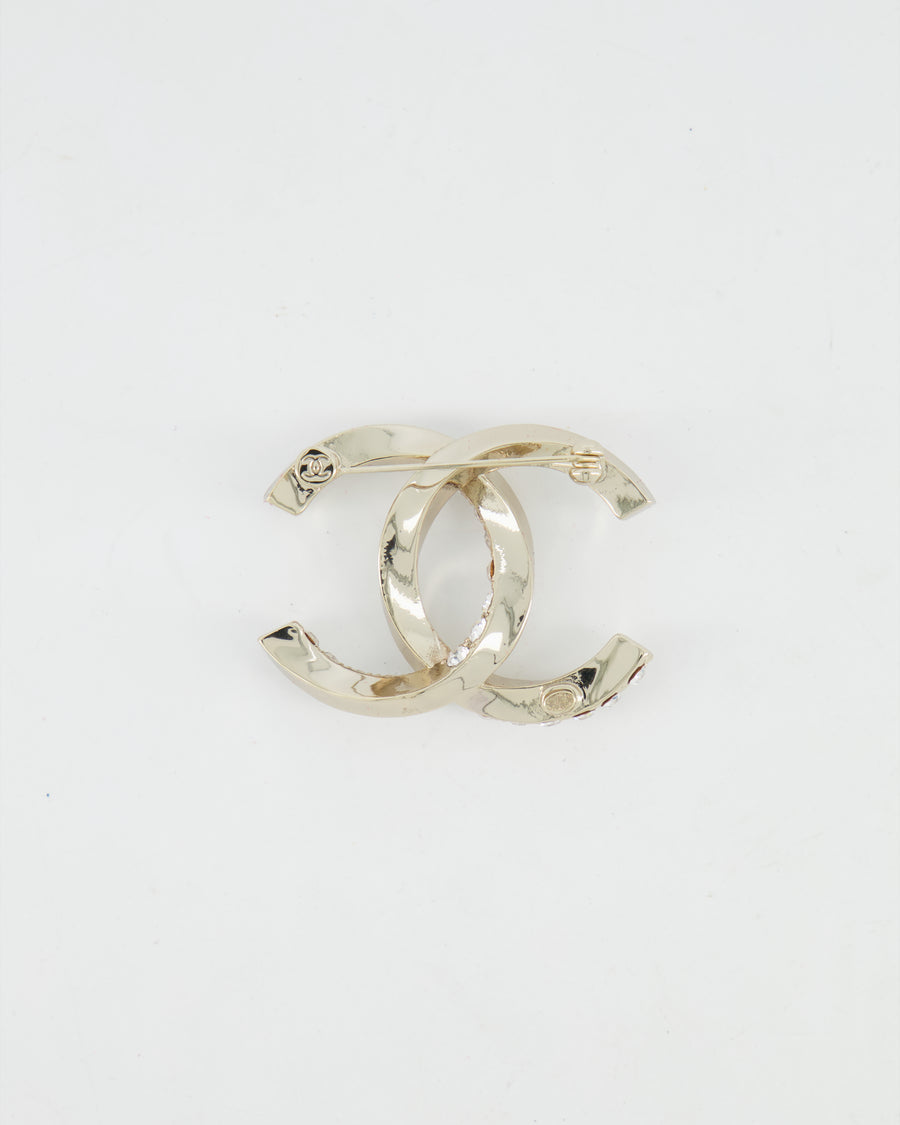Chanel 24A Silver Crystal Embellished CC Logo Brooch