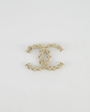 Chanel Champagne Gold and Pearl Braided CC Logo Brooch