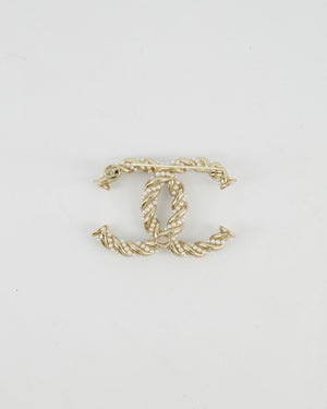 Chanel Champagne Gold and Pearl Braided CC Logo Brooch