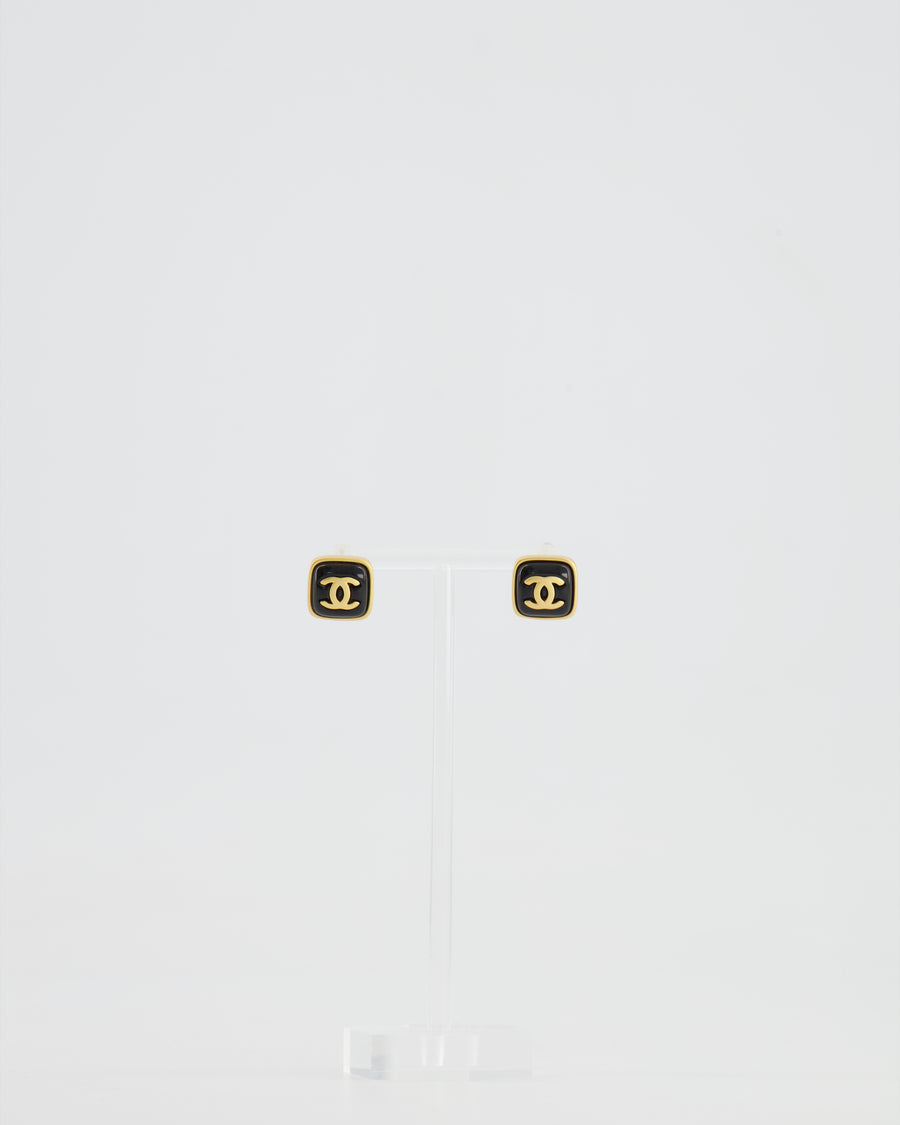 Chanel 25A Black and Brushed Gold CC Logo Small Square Earrings