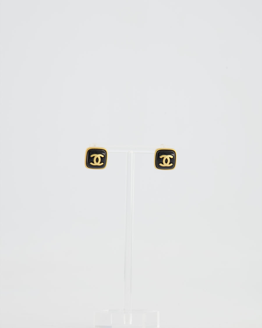 Chanel 25A Brushed Gold and Black CC Logo Small Square Earrings