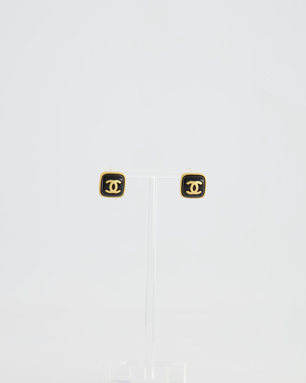 Chanel 25A Black and Brushed Gold CC Logo Small Square Earrings