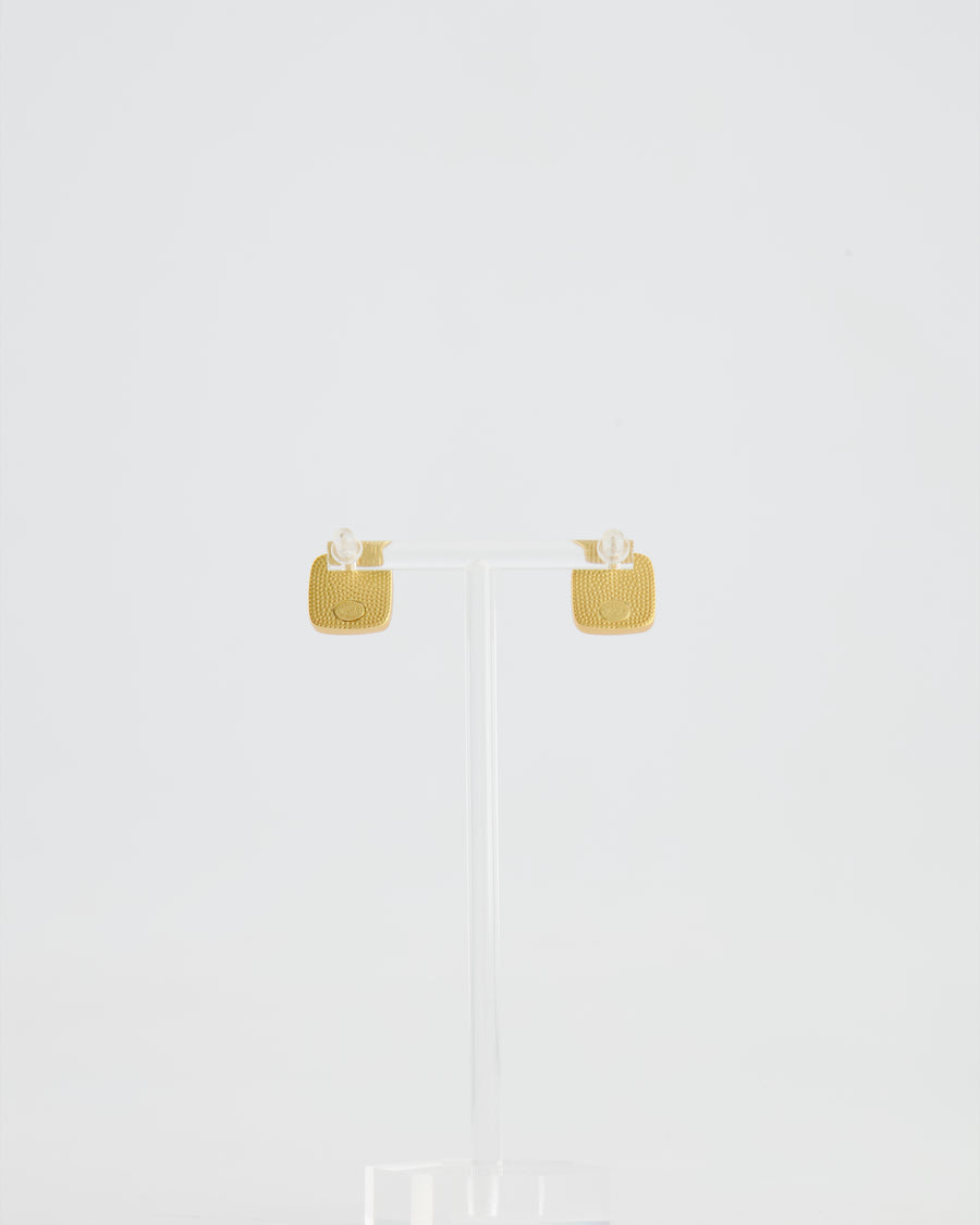 Chanel 25A Brushed Gold and Black CC Logo Small Square Earrings