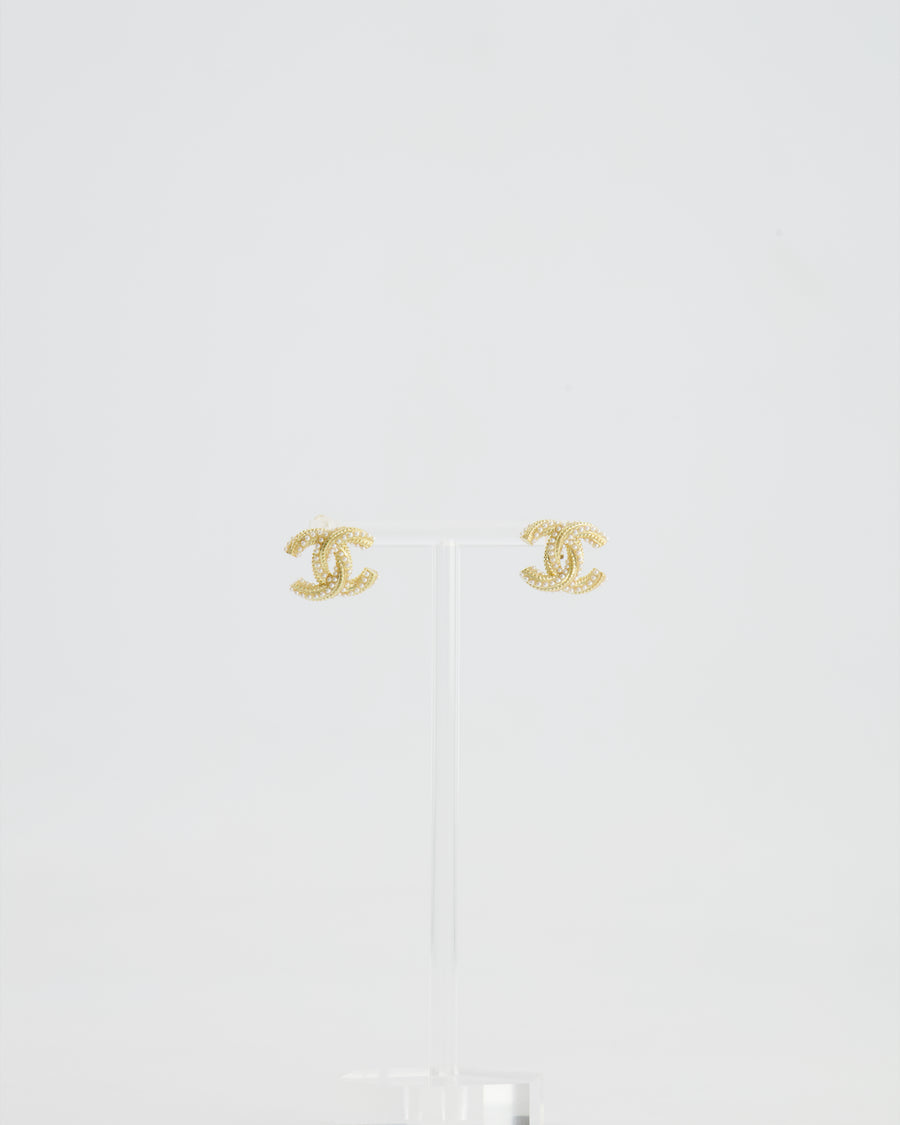 Chanel 21A Gold and Pearl Twisted Small CC Logo Earrings