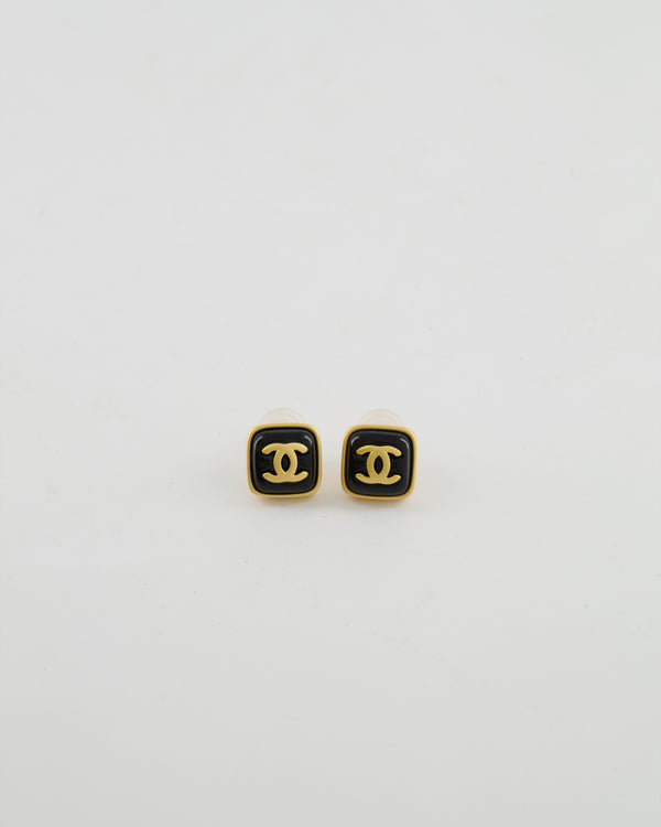 Chanel 25A Black and Brushed Gold CC Logo Small Square Earrings