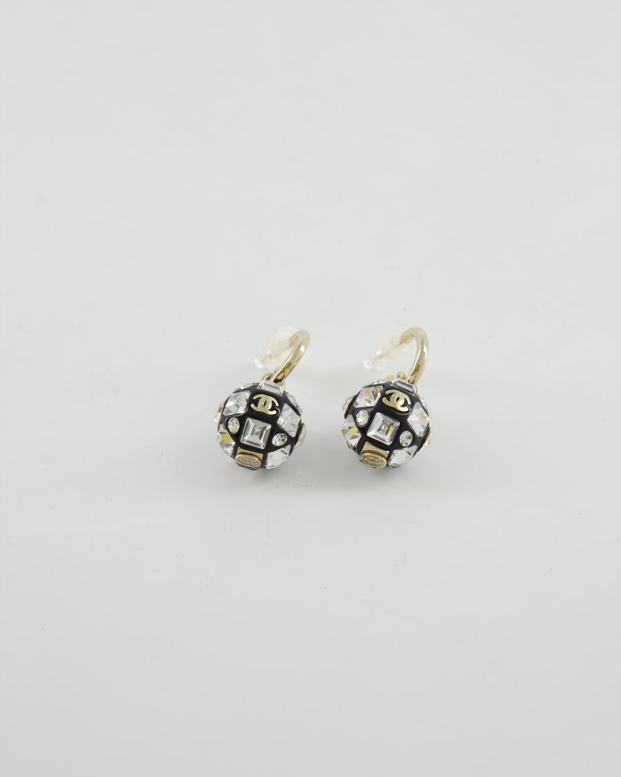 Chanel 24A Black and Crystal Embellished Ball Pendant Earrings