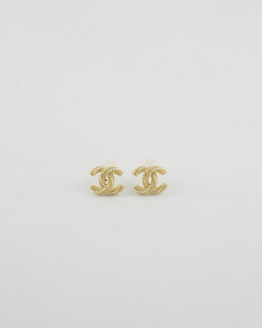Chanel 21A Gold and Pearl Twisted Small CC Logo Earrings
