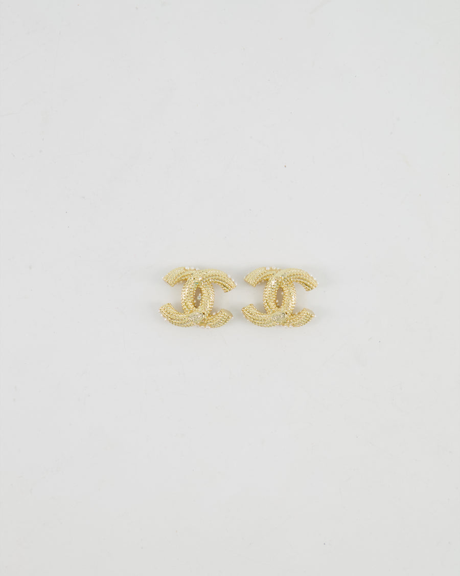 Chanel 21A Gold and Pearl Twisted Small CC Logo Earrings