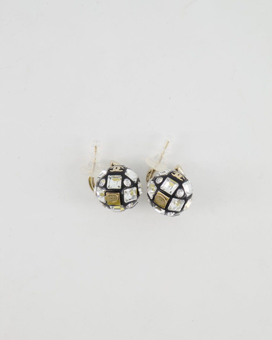 Chanel 24A Black and Crystal Embellished Ball Pendant Earrings