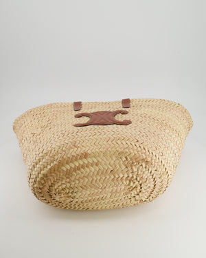 Celine Beige Raffia Tote Bag with Brown Leather Triomphe Logo