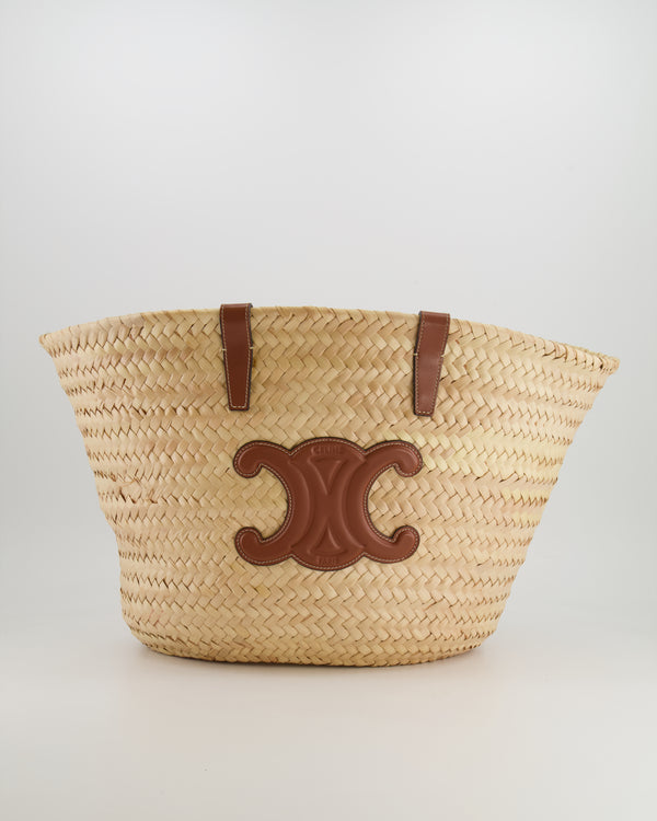 Celine Beige Raffia Tote Bag with Brown Leather Triomphe Logo