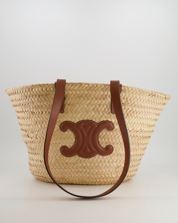 Celine Beige Raffia Tote Bag with Brown Leather Triomphe Logo