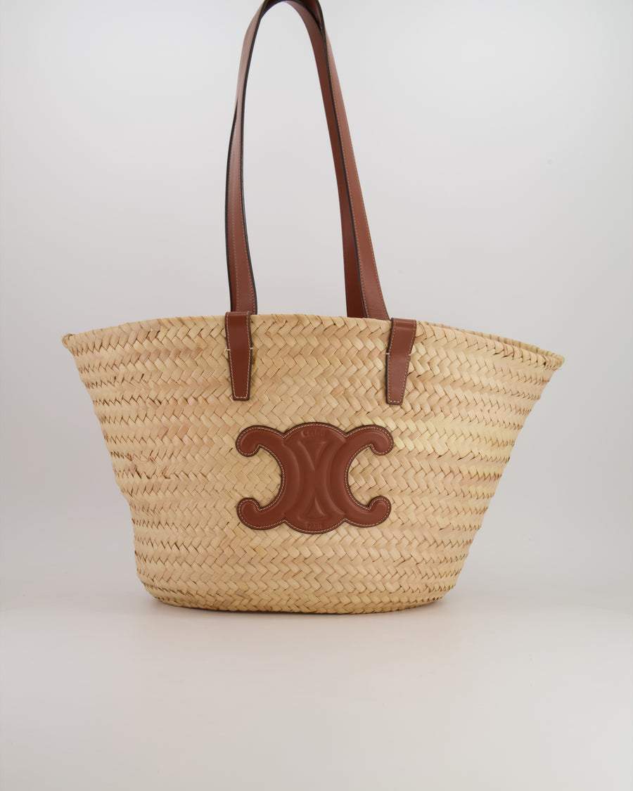 Celine Beige Raffia Tote Bag with Brown Leather Triomphe Logo