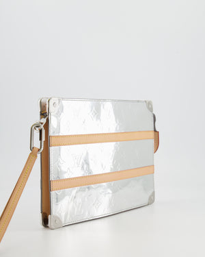 Louis Vuitton FW/21 Silver Metallic Monogram Mirror Vinyl and Vachetta Leather Pouch Bag with Strap