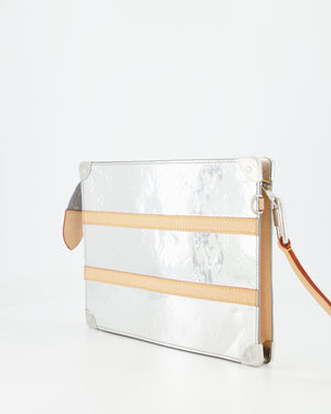 Louis Vuitton FW/21 Silver Metallic Monogram Mirror Vinyl and Vachetta Leather Pouch Bag with Strap