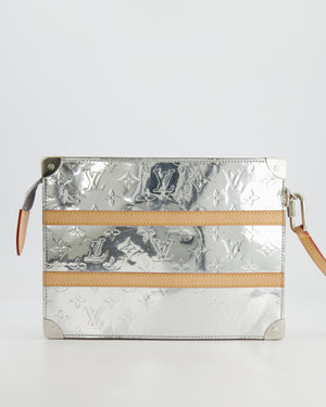 Louis Vuitton FW/21 Silver Metallic Monogram Mirror Vinyl and Vachetta Leather Pouch Bag with Strap