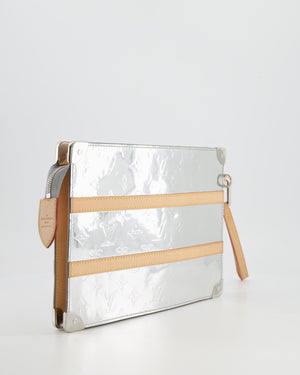 Louis Vuitton FW/21 Silver Metallic Monogram Mirror Vinyl and Vachetta Leather Pouch Bag with Strap