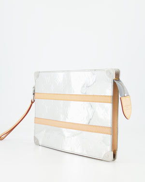 Louis Vuitton FW/21 Silver Metallic Monogram Mirror Vinyl and Vachetta Leather Pouch Bag with Strap