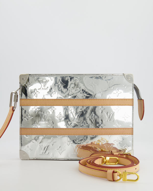 Louis Vuitton FW/21 Silver Metallic Monogram Mirror Vinyl and Vachetta Leather Pouch Bag with Strap