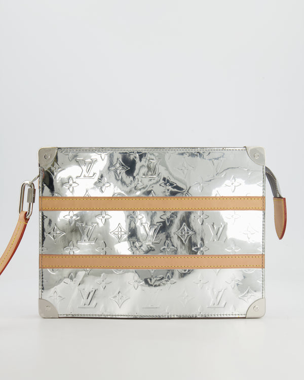 Louis Vuitton FW/21 Silver Metallic Monogram Mirror Vinyl and Vachetta Leather Pouch Bag with Strap