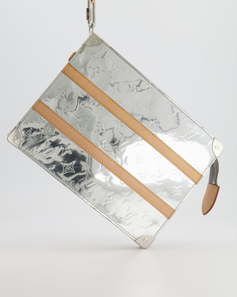 Louis Vuitton FW/21 Silver Metallic Monogram Mirror Vinyl and Vachetta Leather Pouch Bag with Strap