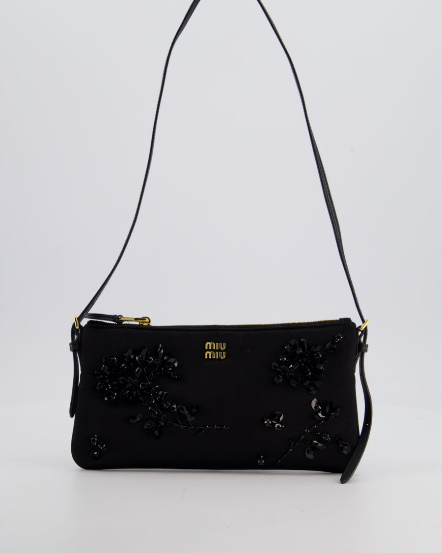Miu Miu Black Silk Beaded Embroidered Shoulder Bag with Gold Hardware