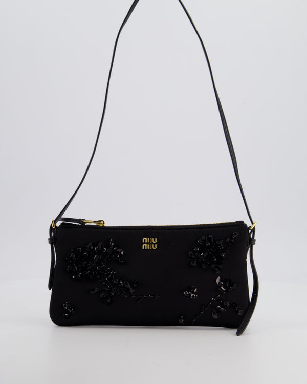 Miu Miu Black Silk Beaded Embroidered Shoulder Bag with Gold Hardware